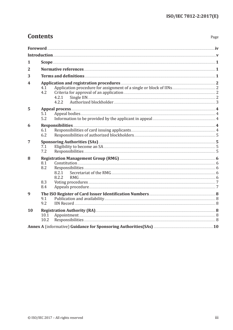 ISO/IEC 7812-2:2017 ISO/IEC 7812-2:2017 - Identification cards — Identification of issuers — Part 2: Application and registration procedures/3/2017 - Page 3 preview
