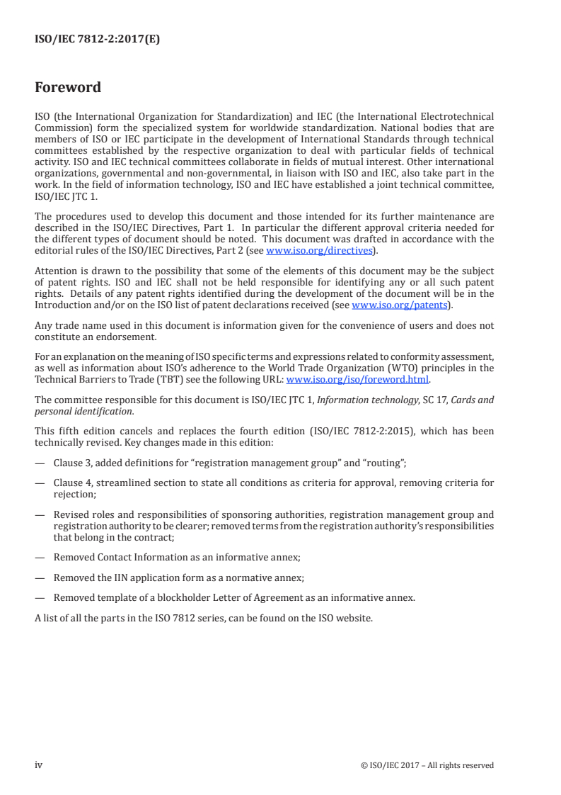 ISO/IEC 7812-2:2017 ISO/IEC 7812-2:2017 - Identification cards — Identification of issuers — Part 2: Application and registration procedures/3/2017 - Page 4 preview