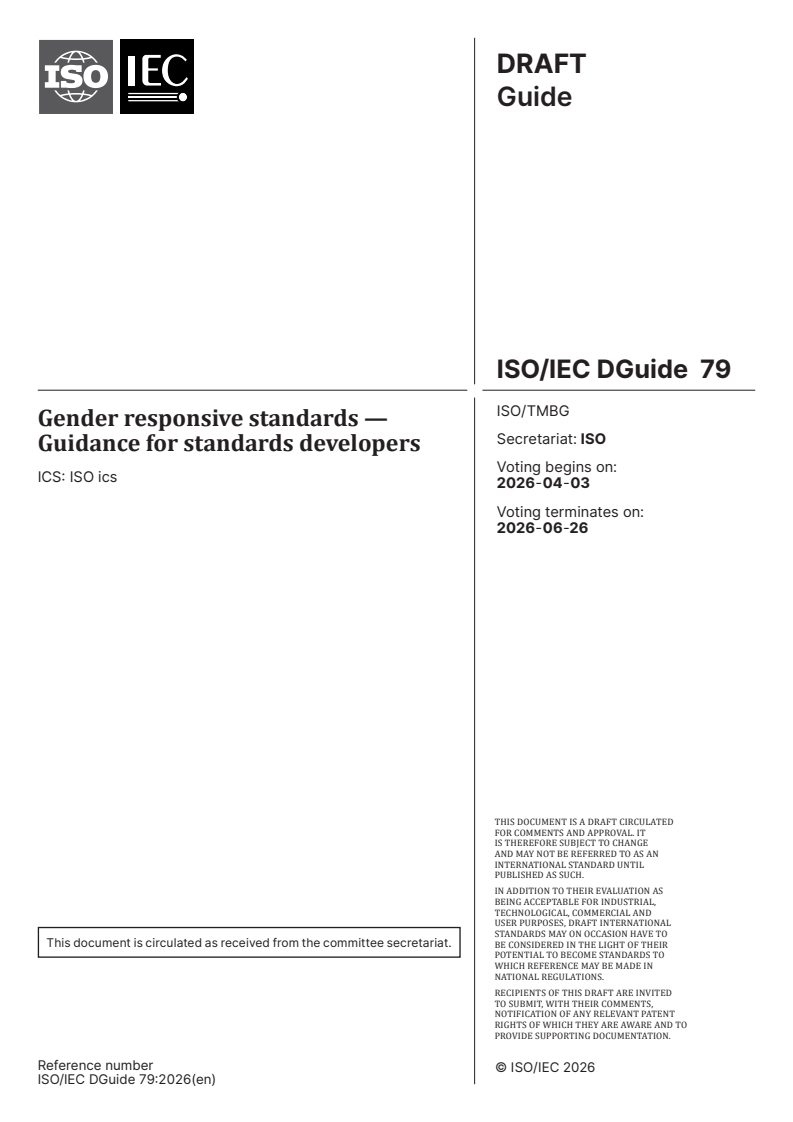 ISO/IEC DGuide 79 ISO/IEC DGuide 79 - Gender responsive standards — Guidance for standards developers - Page 1 preview