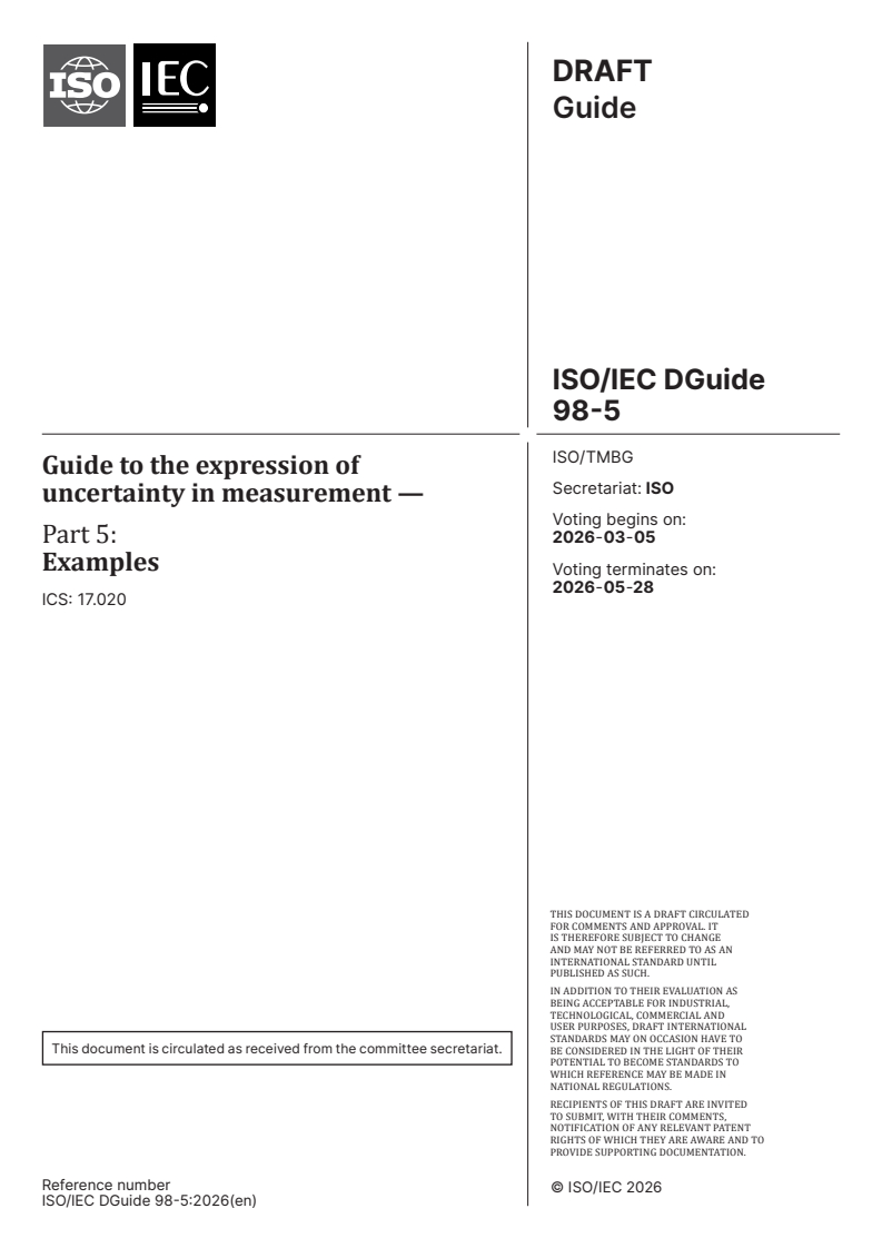 ISO/IEC DGuide 98-5 ISO/IEC DGuide 98-5 - Guide to the expression of uncertainty in measurement — Part 5: Examples
Released:8. 01. 2026 - Page 1 preview
