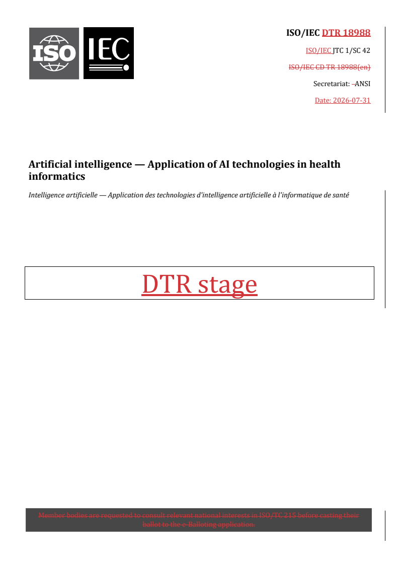 ISO/IEC DTR 18988 REDLINE ISO/IEC DTR 18988 - Artificial intelligence — Application of AI technologies in health informatics - Page 1 preview