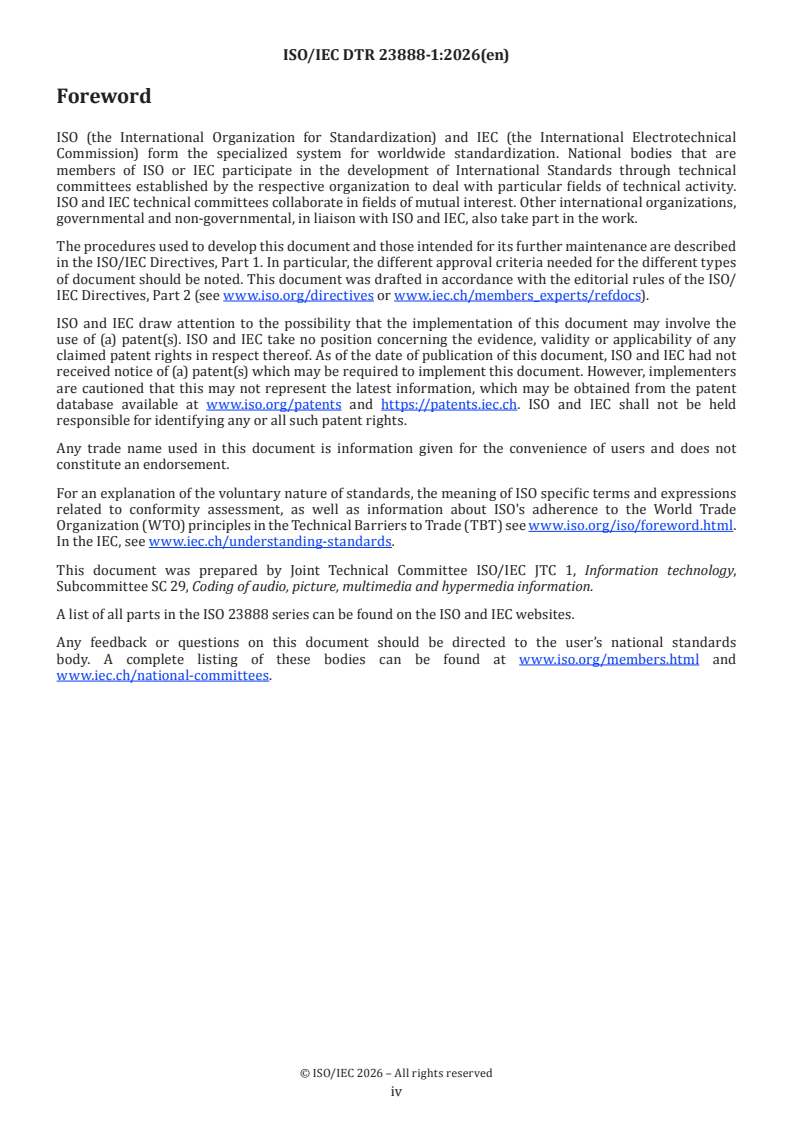 ISO/IEC TR 23888-1 ISO/IEC DTR 23888-1 - Information technology — Artificial intelligence for multimedia — Part 1: Vision and scenarios/9/2026 - Page 4 preview