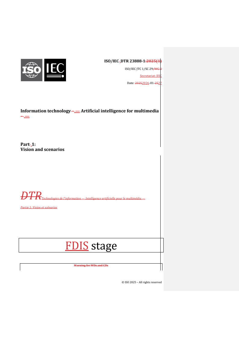 ISO/IEC TR 23888-1 REDLINE ISO/IEC DTR 23888-1 - Information technology — Artificial intelligence for multimedia — Part 1: Vision and scenarios/9/2026 - Page 1 preview