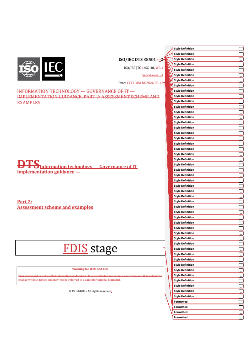 ISO/IEC DTS 38501-2 REDLINE ISO/IEC DTS 38501-2 - Information technology — Governance of IT implementation guidance — Part 2: Assessment scheme and examples - Page 1 preview