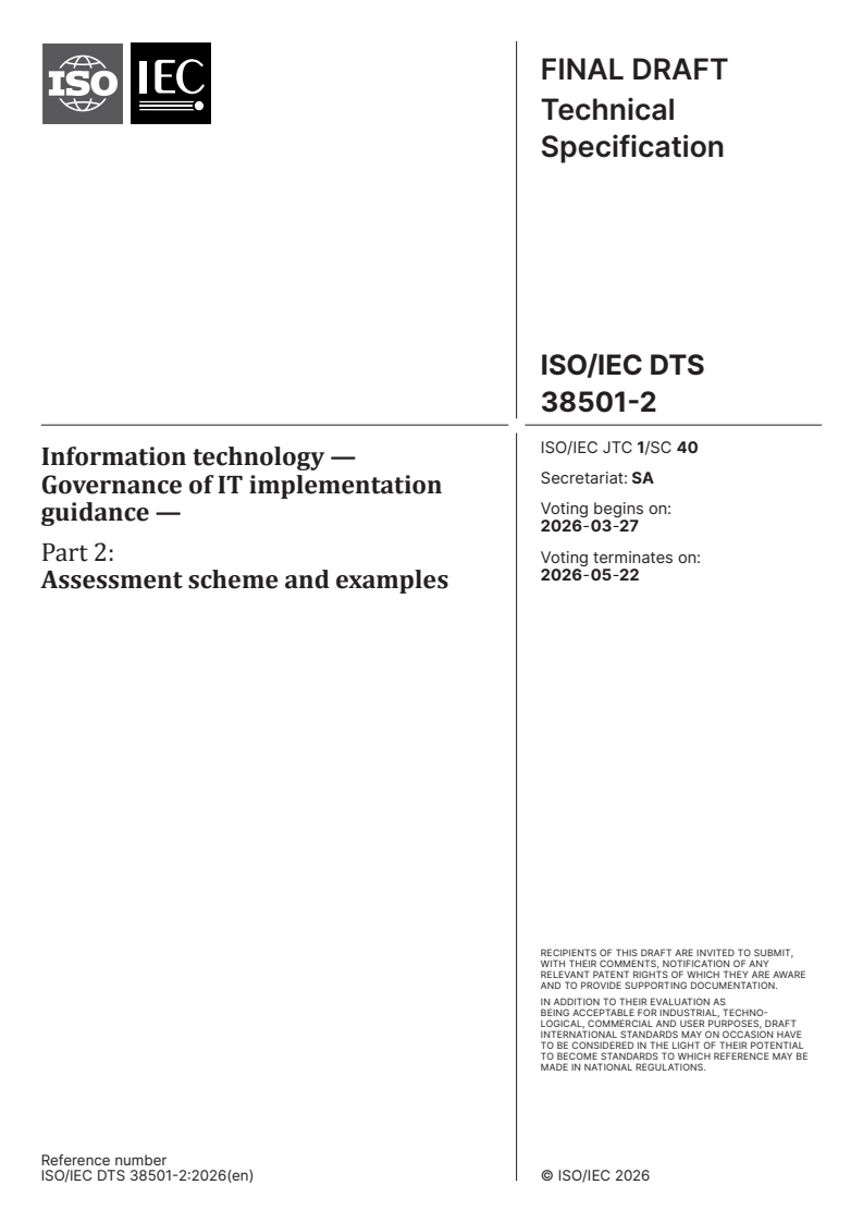 ISO/IEC DTS 38501-2 ISO/IEC DTS 38501-2 - Information technology — Governance of IT implementation guidance — Part 2: Assessment scheme and examples - Page 1 preview