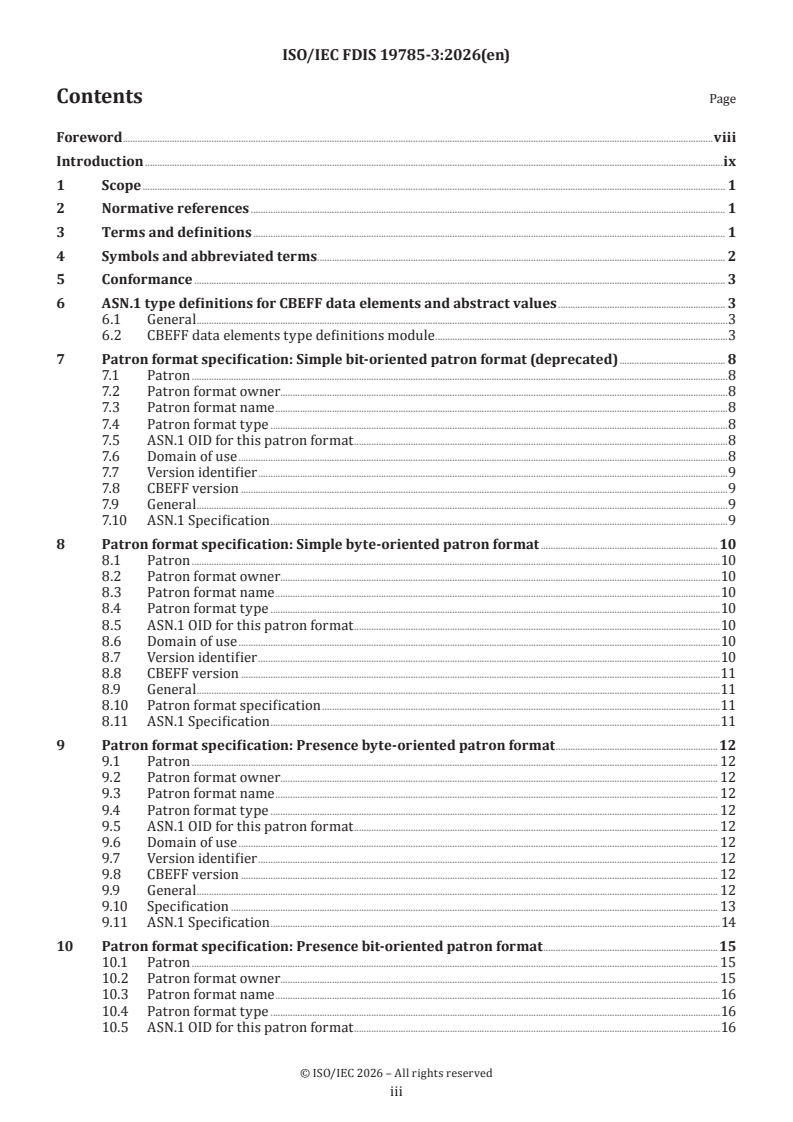 ISO/IEC 19785-3 ISO/IEC FDIS 19785-3 - Information technology — Common Biometric Exchange Formats Framework — Part 3: Patron format specifications - Page 3 preview
