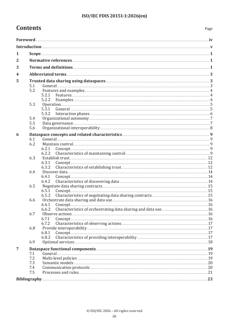 ISO/IEC FDIS 20151-1 ISO/IEC FDIS 20151-1 - Cloud computing and distributed platforms — Dataspaces — Part 1: Concepts and characteristics - Page 3 preview