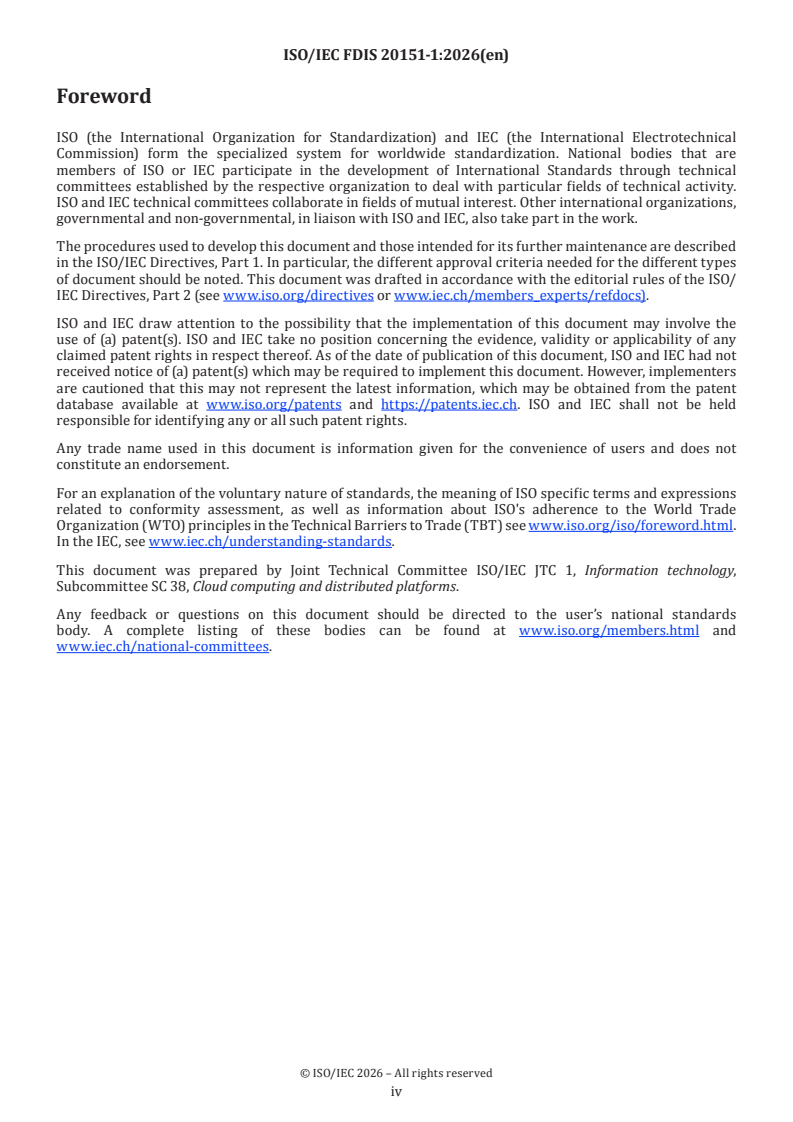 ISO/IEC FDIS 20151-1 ISO/IEC FDIS 20151-1 - Cloud computing and distributed platforms — Dataspaces — Part 1: Concepts and characteristics - Page 4 preview