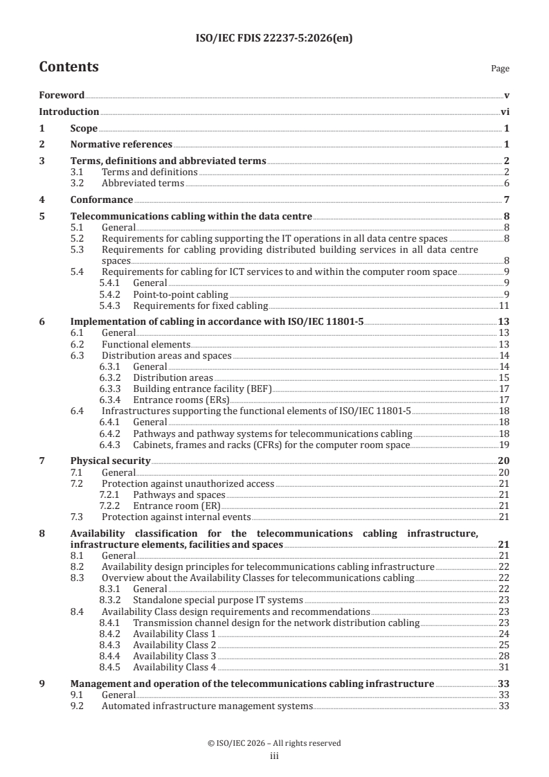 ISO/IEC FDIS 22237-5 ISO/IEC FDIS 22237-5 - Information technology — Data centre facilities and infrastructures — Part 5: Telecommunications cabling infrastructure - Page 3 preview