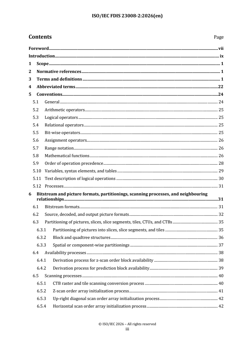 ISO/IEC 23008-2 ISO/IEC FDIS 23008-2 - Information technology — High efficiency coding and media delivery in heterogeneous environments — Part 2: High efficiency video coding - Page 3 preview
