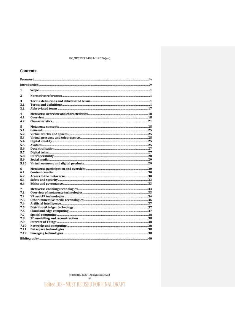 ISO/IEC 24931-1 REDLINE ISO/IEC FDIS 24931-1 - Information technology — Metaverse — Part 1: Concepts, characteristics and technology - Page 3 preview