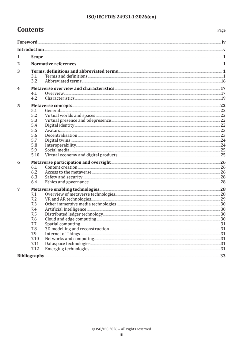 ISO/IEC 24931-1 ISO/IEC FDIS 24931-1 - Information technology — Metaverse — Part 1: Concepts, characteristics and technology - Page 3 preview