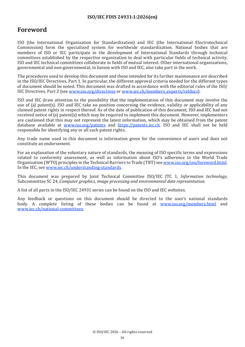 ISO/IEC 24931-1 ISO/IEC FDIS 24931-1 - Information technology — Metaverse — Part 1: Concepts, characteristics and technology - Page 4 preview