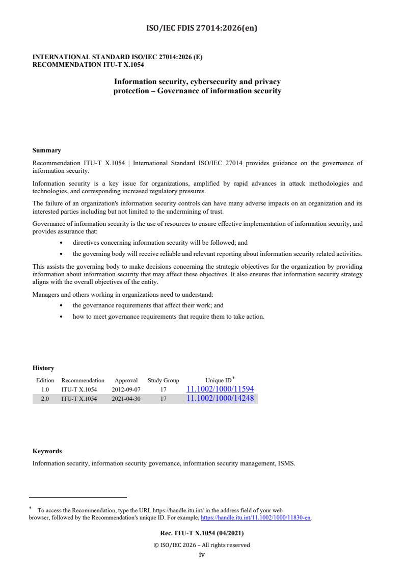 ISO/IEC FDIS 27014 ISO/IEC FDIS 27014 - Information security, cybersecurity and privacy protection — Governance of information security - Page 4 preview