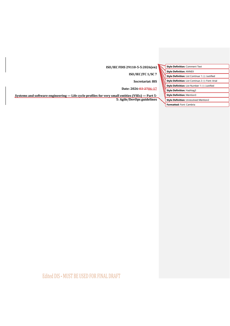 ISO/IEC 29110-5-5 REDLINE ISO/IEC FDIS 29110-5-5 - Systems and software engineering — Life cycle profiles for very small entities (VSEs) — Part 5-5: Agile/DevOps guidelines - Page 1 preview