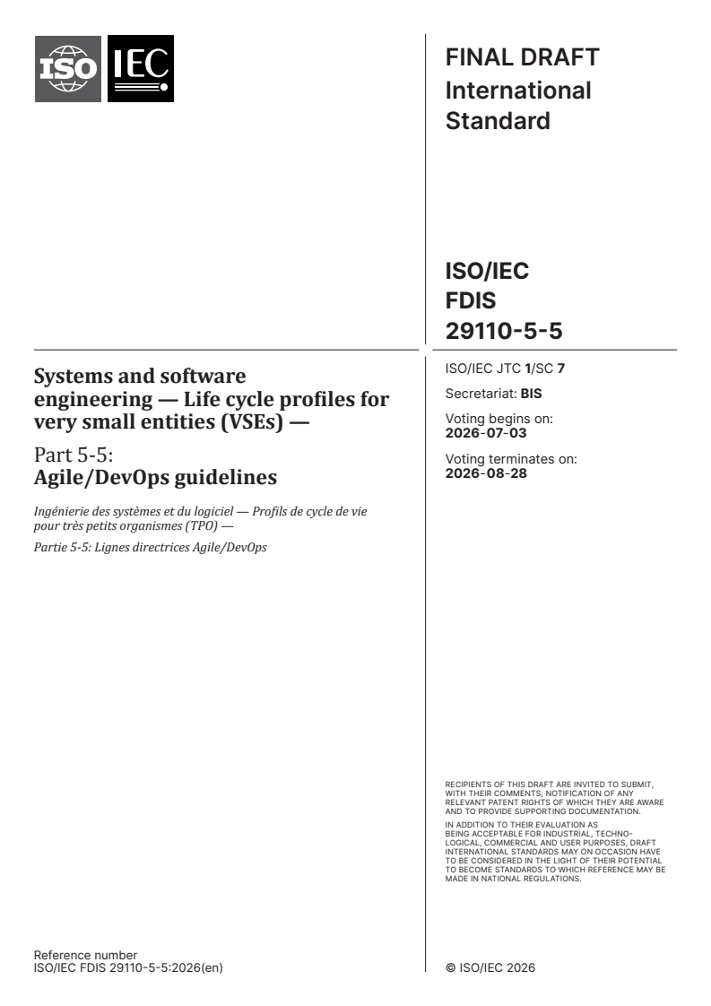 ISO/IEC 29110-5-5 ISO/IEC FDIS 29110-5-5 - Systems and software engineering — Life cycle profiles for very small entities (VSEs) — Part 5-5: Agile/DevOps guidelines - Page 1 preview