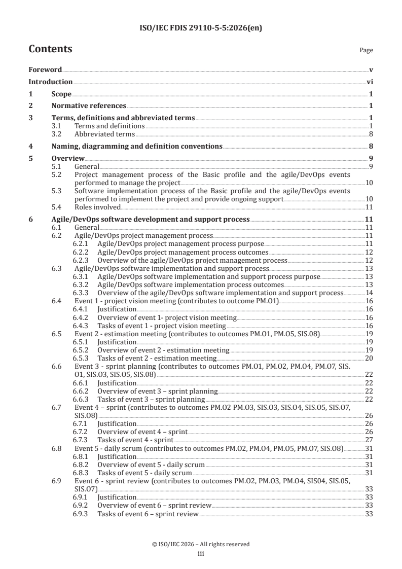 ISO/IEC 29110-5-5 ISO/IEC FDIS 29110-5-5 - Systems and software engineering — Life cycle profiles for very small entities (VSEs) — Part 5-5: Agile/DevOps guidelines - Page 3 preview