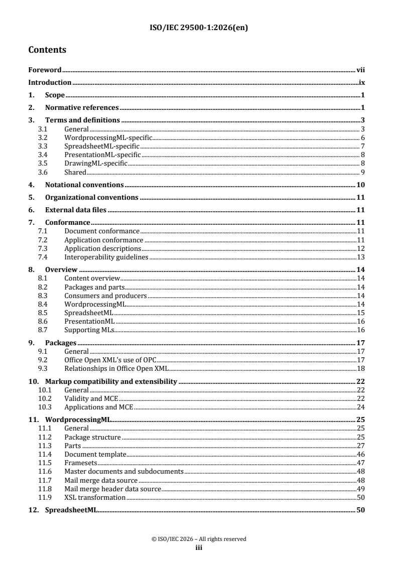 ISO/IEC FDIS 29500-1 ISO/IEC FDIS 29500-1 - Document description and processing languages — Office Open XML File Formats — Part 1: Fundamentals and markup language reference - Page 3 preview