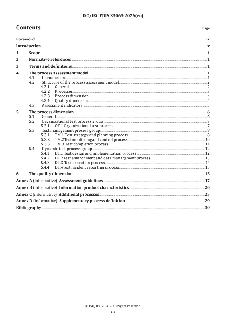 ISO/IEC FDIS 33063 ISO/IEC FDIS 33063 - Information technology — Process assessment — Process assessment model for software testing - Page 3 preview