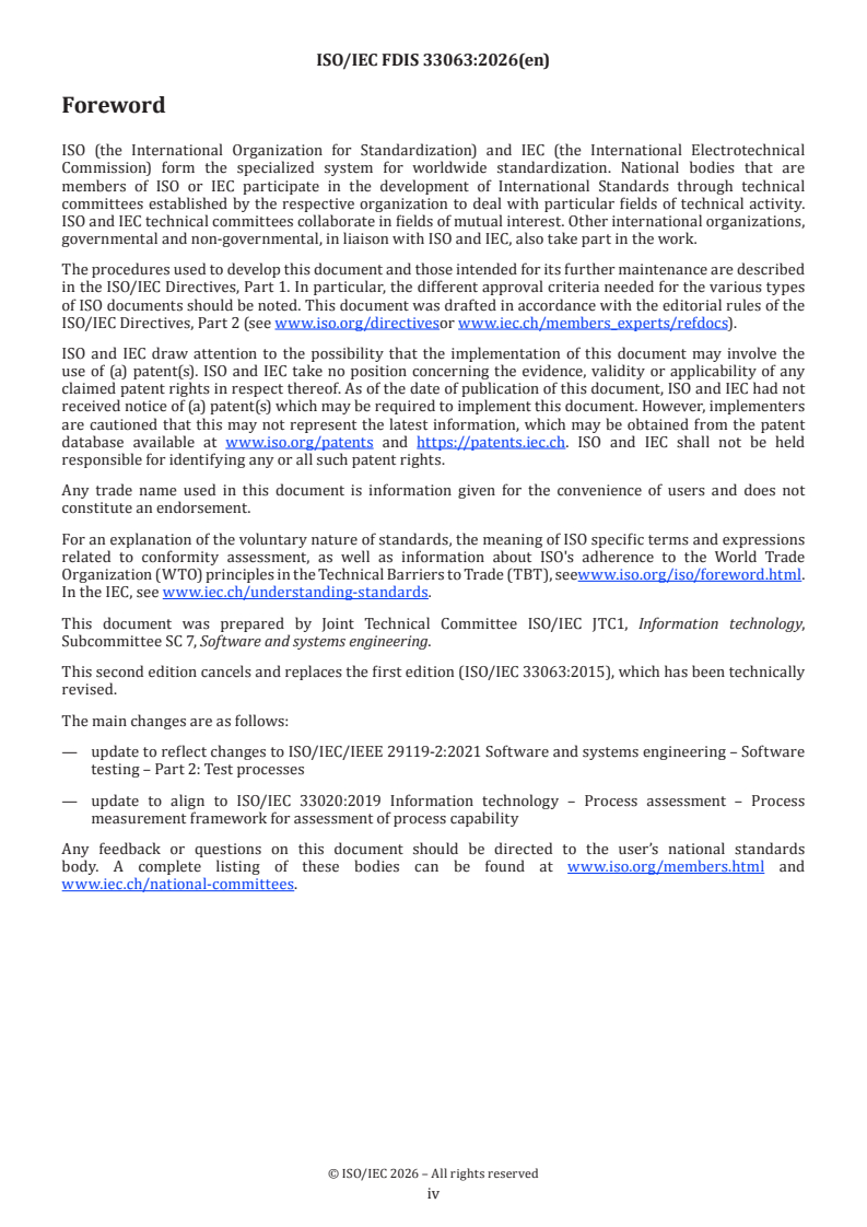 ISO/IEC FDIS 33063 ISO/IEC FDIS 33063 - Information technology — Process assessment — Process assessment model for software testing - Page 4 preview