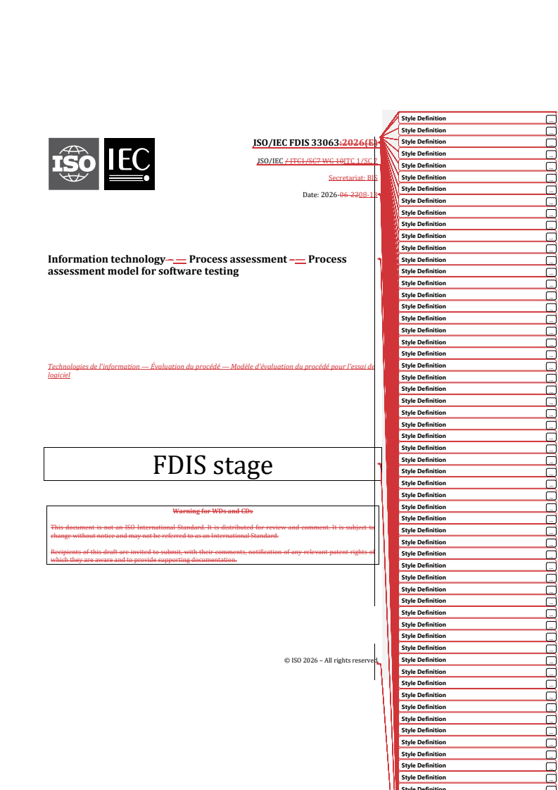 ISO/IEC FDIS 33063 REDLINE ISO/IEC FDIS 33063 - Information technology — Process assessment — Process assessment model for software testing - Page 1 preview