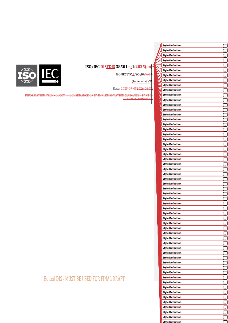 ISO/IEC FDIS 38501-1 REDLINE ISO/IEC FDIS 38501-1 - Information technology — Governance of IT implementation guidance — Part 1: General approach - Page 1 preview