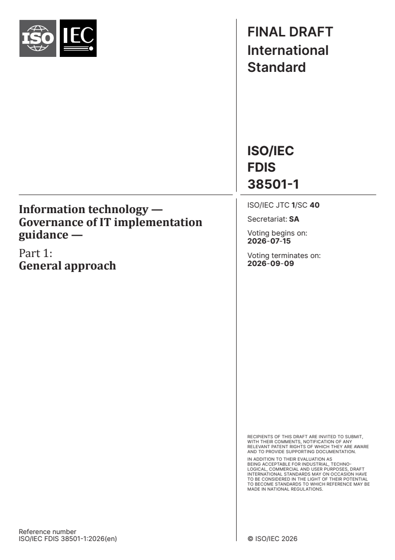 ISO/IEC FDIS 38501-1 ISO/IEC FDIS 38501-1 - Information technology — Governance of IT implementation guidance — Part 1: General approach - Page 1 preview