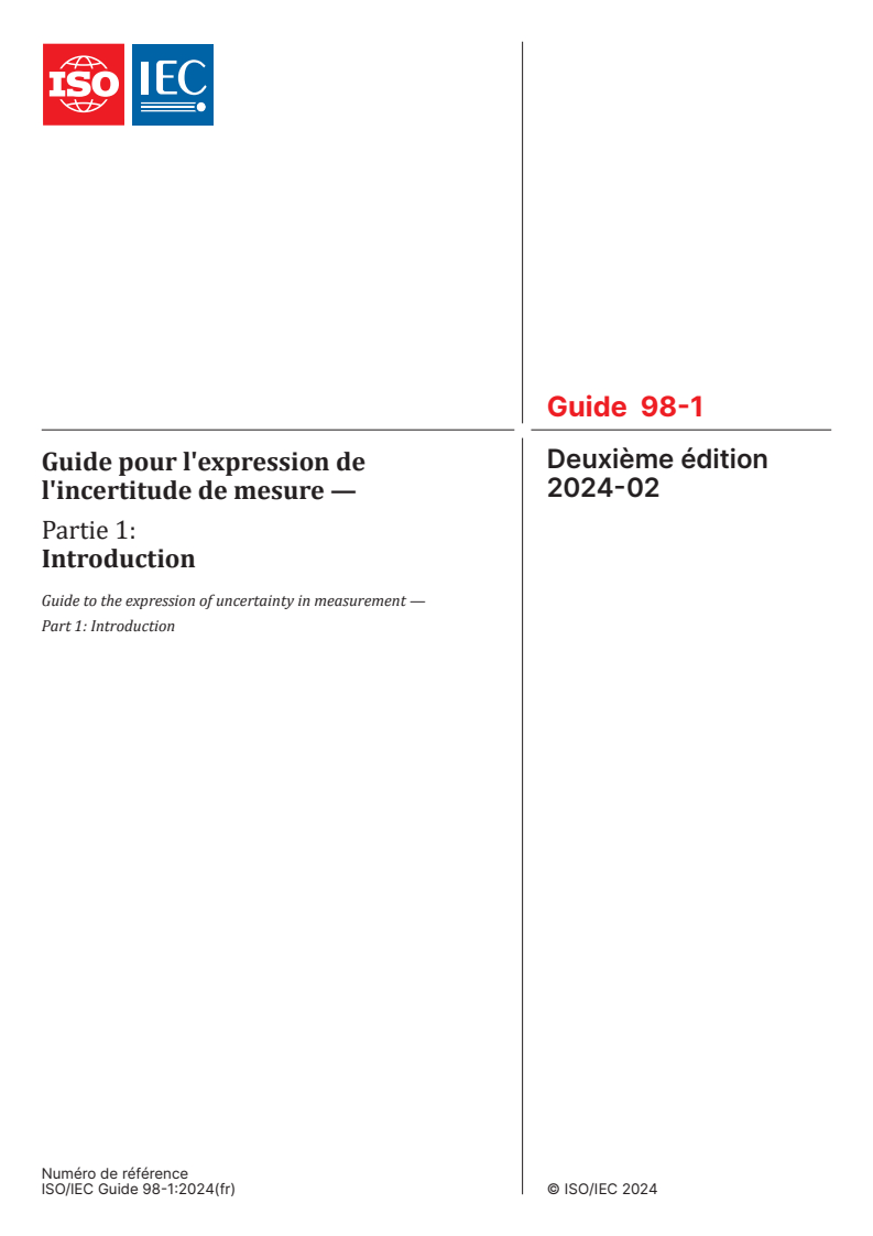 ISO/IEC Guide 98-1:2024 ISO/IEC Guide 98-1:2024 - Guide pour l'expression de l'incertitude de mesure — Partie 1: Introduction
Released:4/24/2024 - Page 1 preview