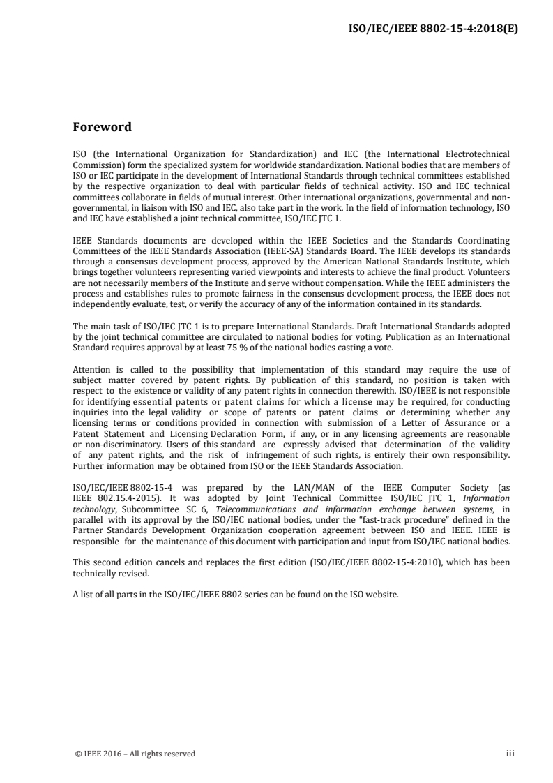 ISO/IEC/IEEE 8802-15-4:2018 ISO/IEC/IEEE 8802-15-4:2018 - Information technology — Telecommunications and information exchange between systems — Local and metropolitan area networks — Specific requirements — Part 15-4: Wireless medium access control (MAC) and physical layer (PHY) specifications for low-rate wireless personal area networks (WPANs)/8/2018 - Page 3 preview