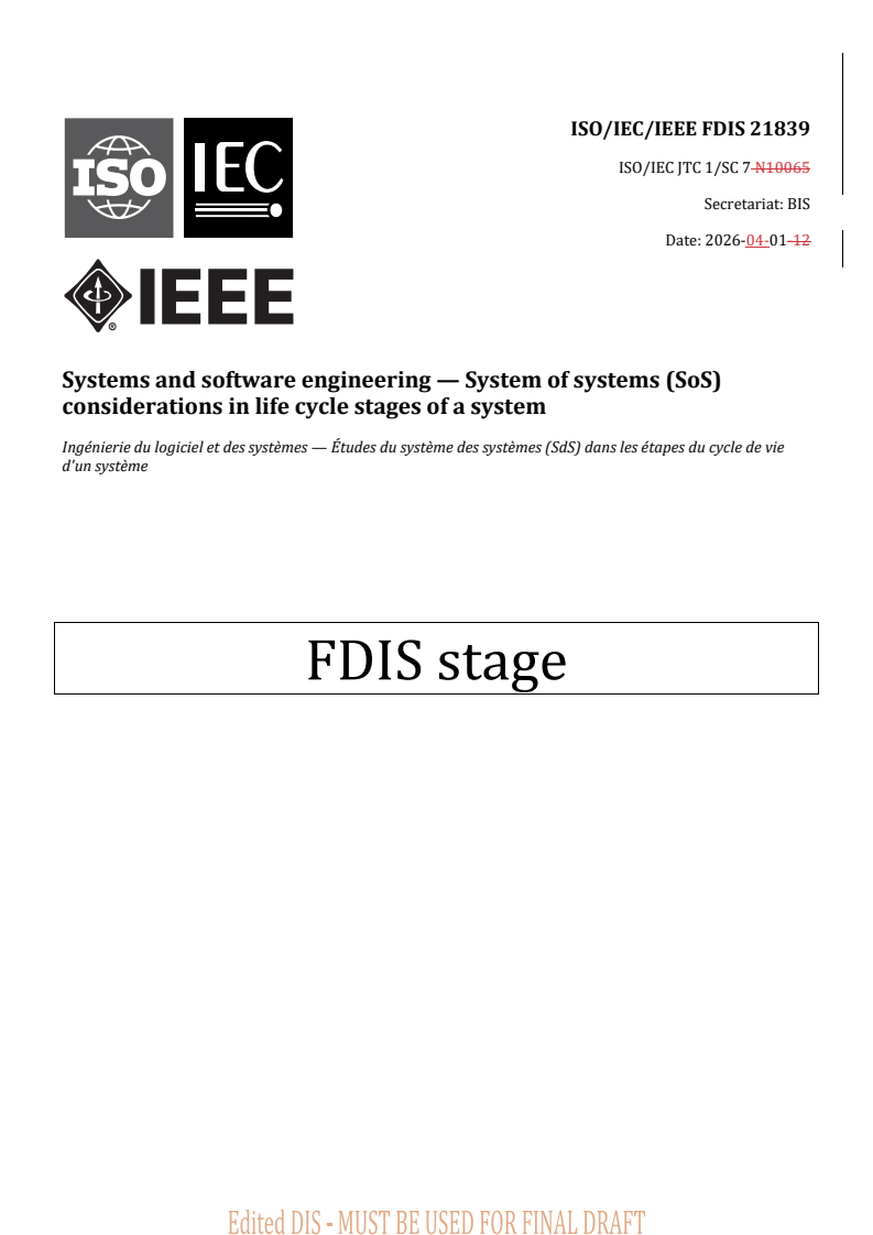 ISO/IEC/IEEE FDIS 21839 REDLINE ISO/IEC/IEEE FDIS 21839 - Systems and software engineering — System of systems (SoS) considerations in life cycle stages of a system - Page 1 preview