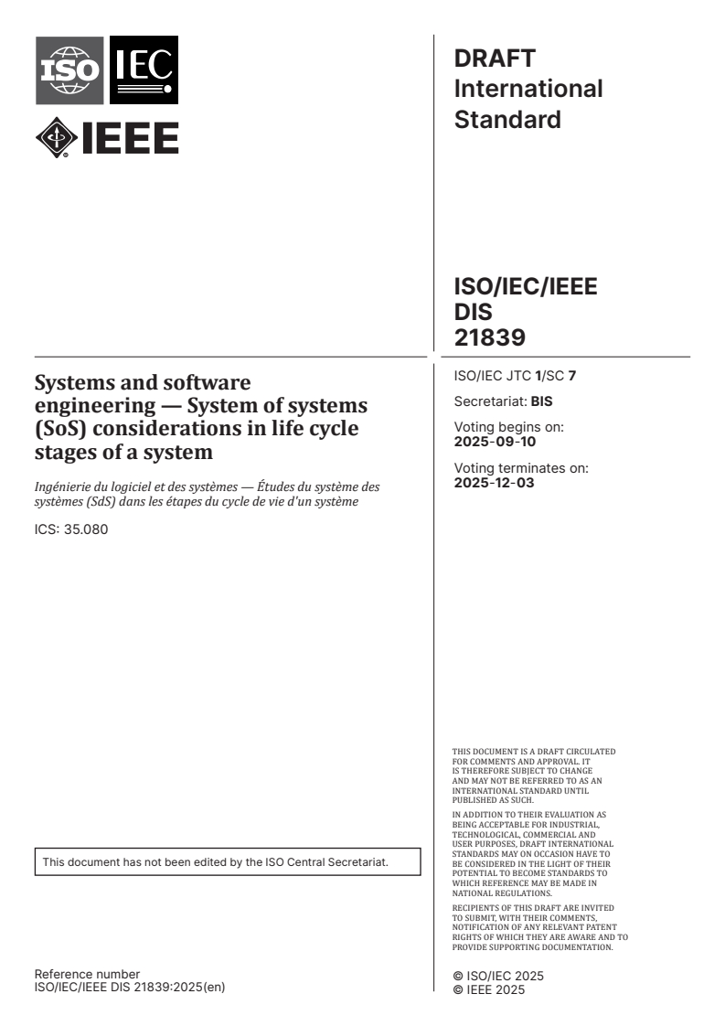 ISO/IEC/IEEE FDIS 21839 ISO/IEC/IEEE FDIS 21839 - Systems and software engineering — System of systems (SoS) considerations in life cycle stages of a system/16/2025 - Page 1 preview