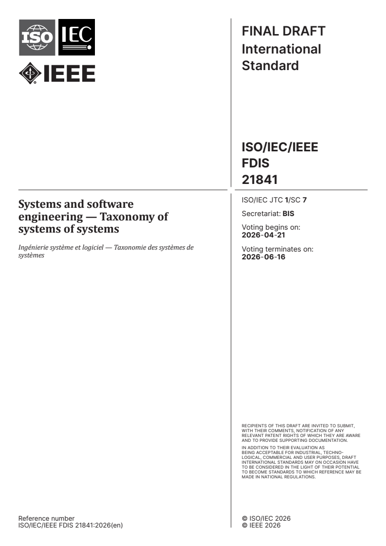 ISO/IEC/IEEE FDIS 21841 ISO/IEC/IEEE FDIS 21841 - Systems and software engineering — Taxonomy of systems of systems - Page 1 preview