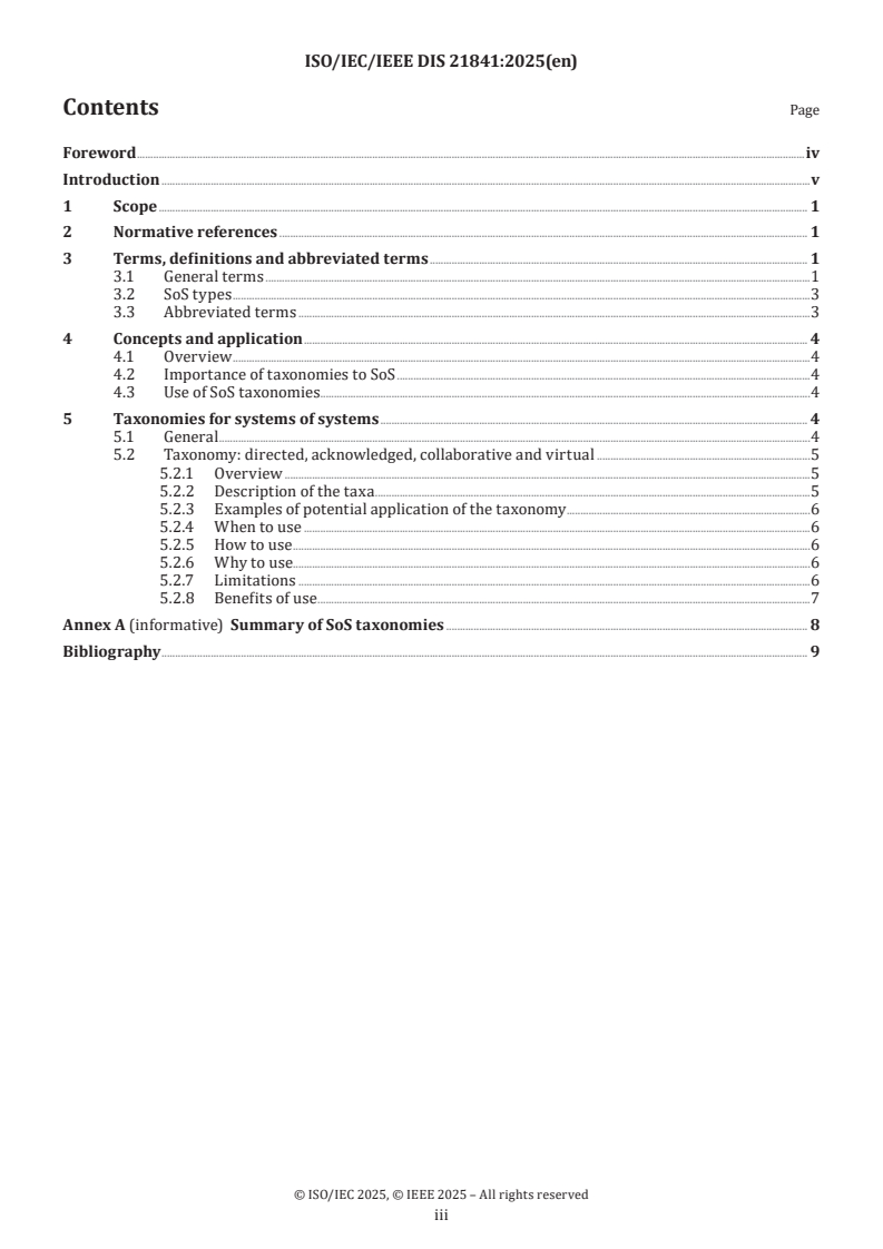 ISO/IEC/IEEE FDIS 21841 ISO/IEC/IEEE FDIS 21841 - Systems and software engineering — Taxonomy of systems of systems/16/2025 - Page 3 preview