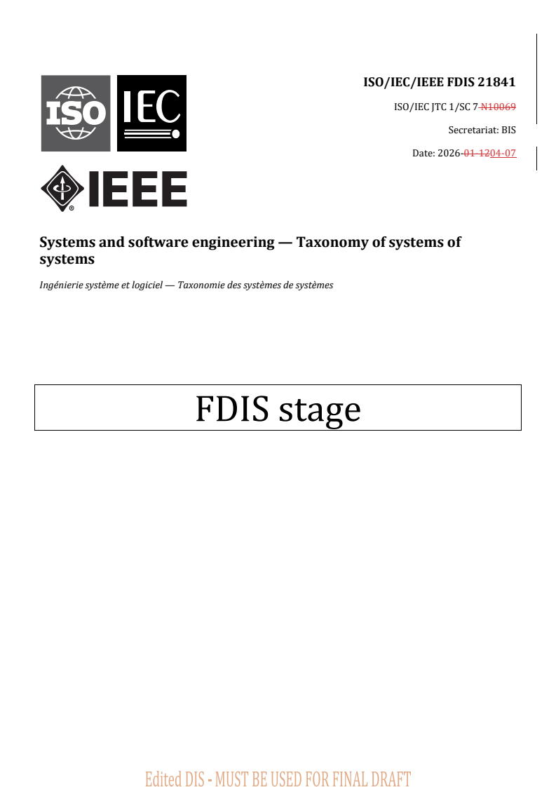 ISO/IEC/IEEE FDIS 21841 REDLINE ISO/IEC/IEEE FDIS 21841 - Systems and software engineering — Taxonomy of systems of systems - Page 1 preview