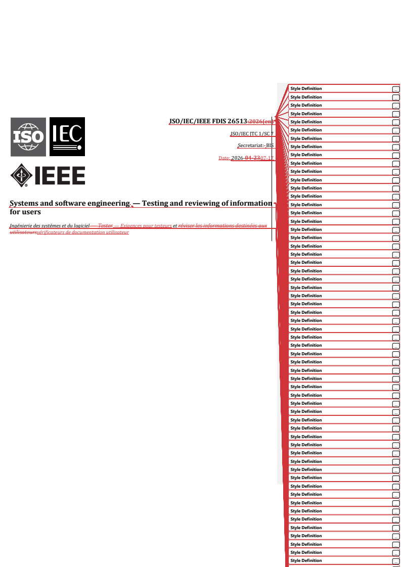ISO/IEC/IEEE FDIS 26513 REDLINE ISO/IEC/IEEE FDIS 26513 - Systems and software engineering — Testing and reviewing of information for users - Page 1 preview