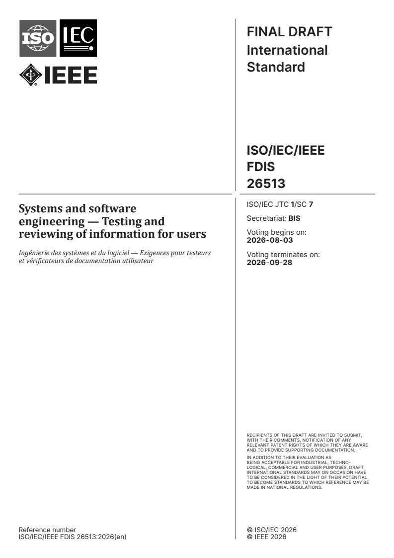 ISO/IEC/IEEE FDIS 26513 ISO/IEC/IEEE FDIS 26513 - Systems and software engineering — Testing and reviewing of information for users - Page 1 preview