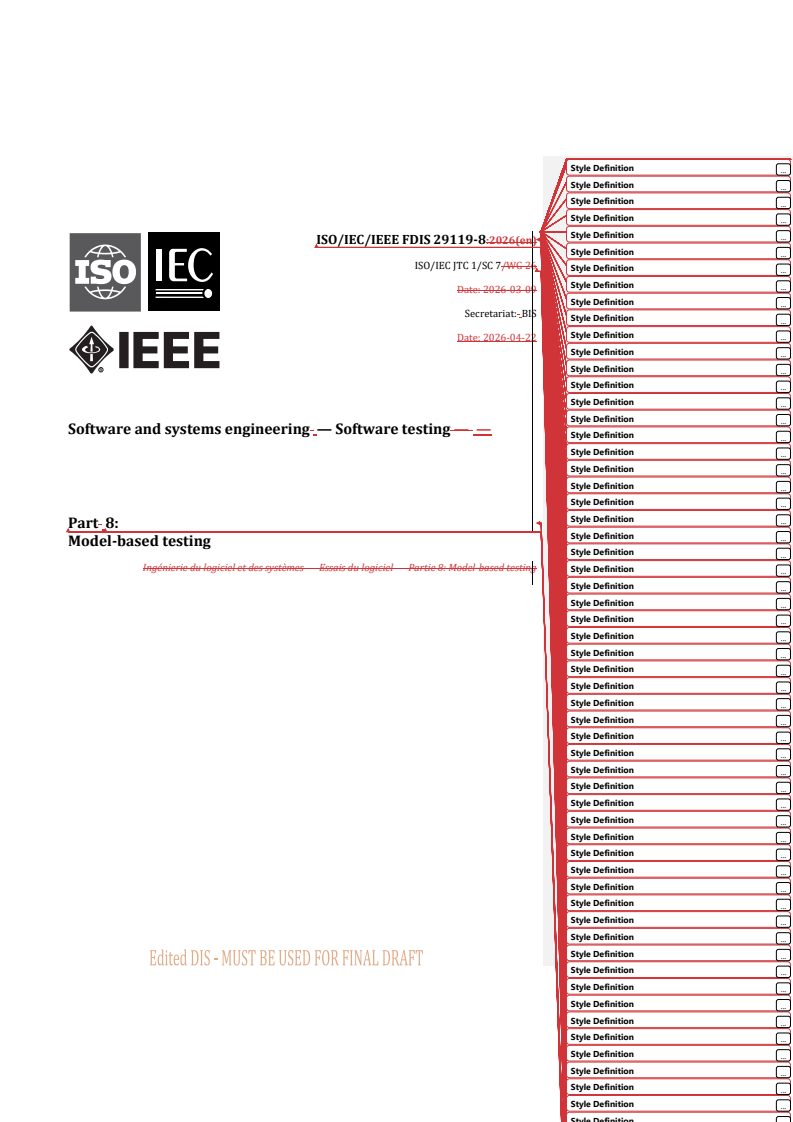 ISO/IEC/IEEE FDIS 29119-8 REDLINE ISO/IEC/IEEE FDIS 29119-8 - Software and systems engineering — Software testing — Part 8: Model-based testing - Page 1 preview