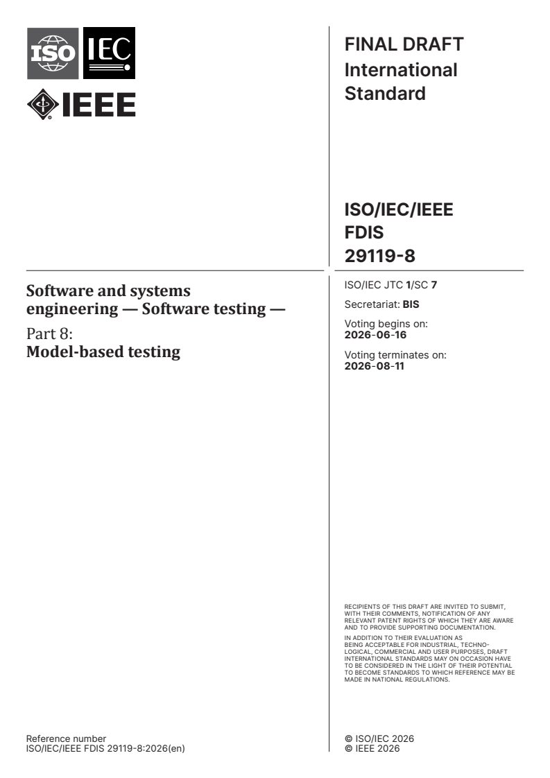 ISO/IEC/IEEE FDIS 29119-8 ISO/IEC/IEEE FDIS 29119-8 - Software and systems engineering — Software testing — Part 8: Model-based testing - Page 1 preview