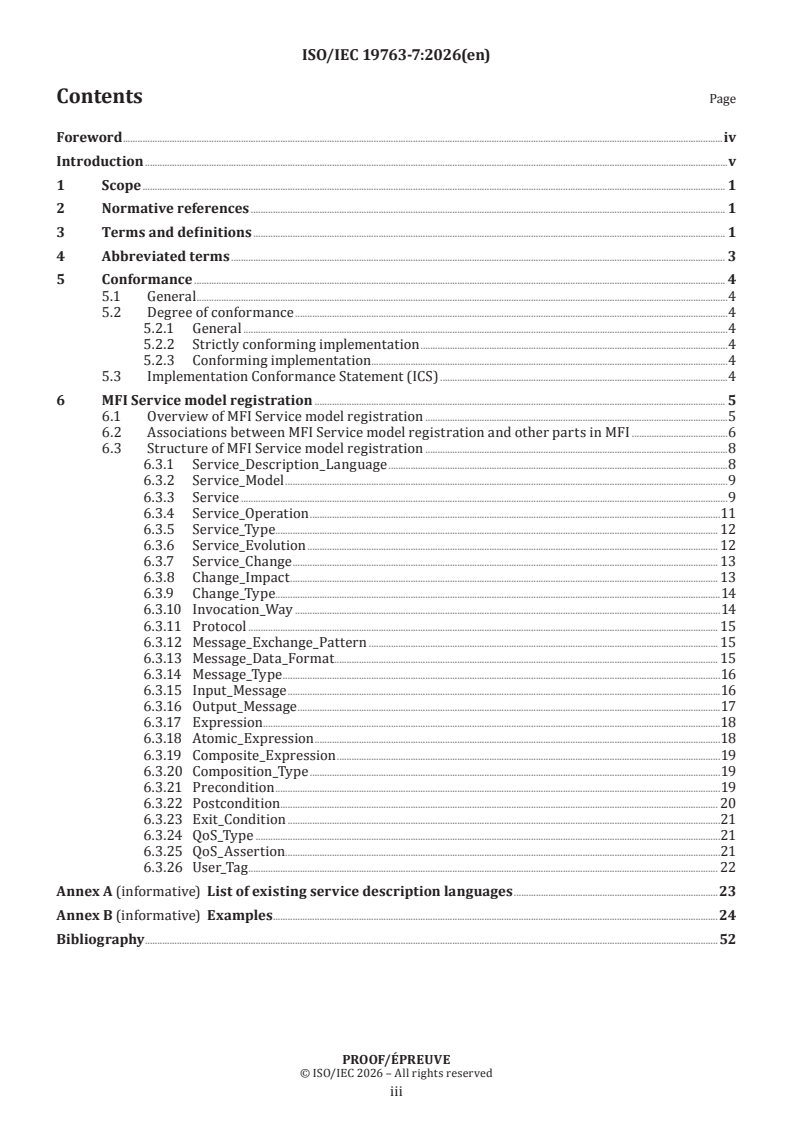 ISO/IEC 19763-7 ISO/IEC PRF 19763-7 - Information technology — Metamodel framework for interoperability (MFI) — Part 7: Metamodel for service model registration - Page 3 preview