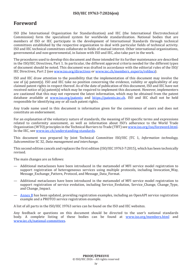 ISO/IEC 19763-7 ISO/IEC PRF 19763-7 - Information technology — Metamodel framework for interoperability (MFI) — Part 7: Metamodel for service model registration - Page 4 preview
