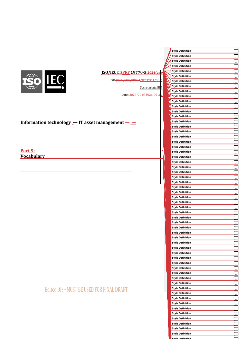 ISO/IEC PRF 19770-5 REDLINE ISO/IEC PRF 19770-5 - Information technology — IT asset management — Part 5: Vocabulary - Page 1 preview