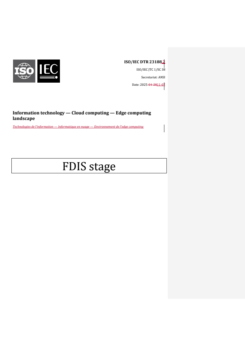 ISO/IEC DTR 23188.3 REDLINE ISO/IEC TR 23188 - Information technology — Cloud computing — Edge computing landscape/10/2025 - Page 1 preview