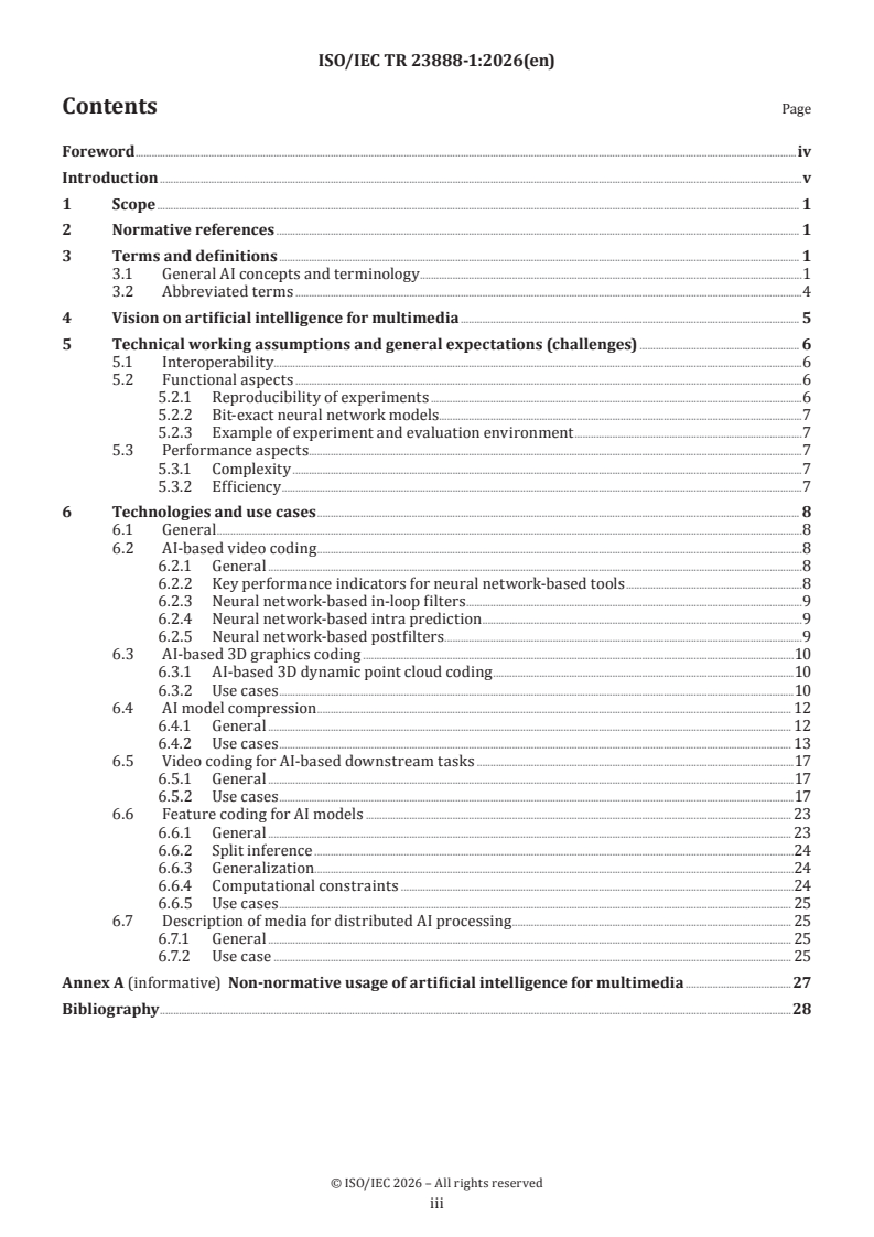 ISO/IEC TR 23888-1:2026 ISO/IEC TR 23888-1:2026 - Information technology — Artificial intelligence for multimedia — Part 1: Vision and scenarios - Page 3 preview