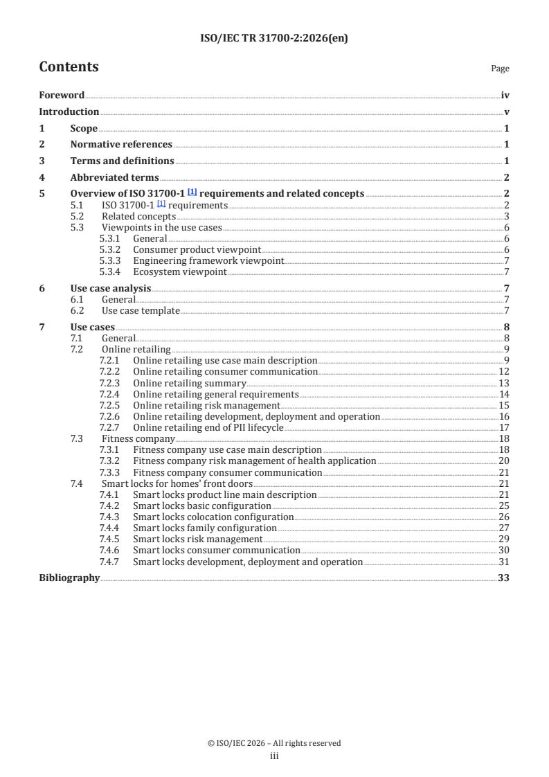 ISO/IEC TR 31700-2:2026 ISO/IEC TR 31700-2:2026 - Consumer protection — Privacy by design for consumer goods and services — Part 2: Use cases - Page 3 preview
