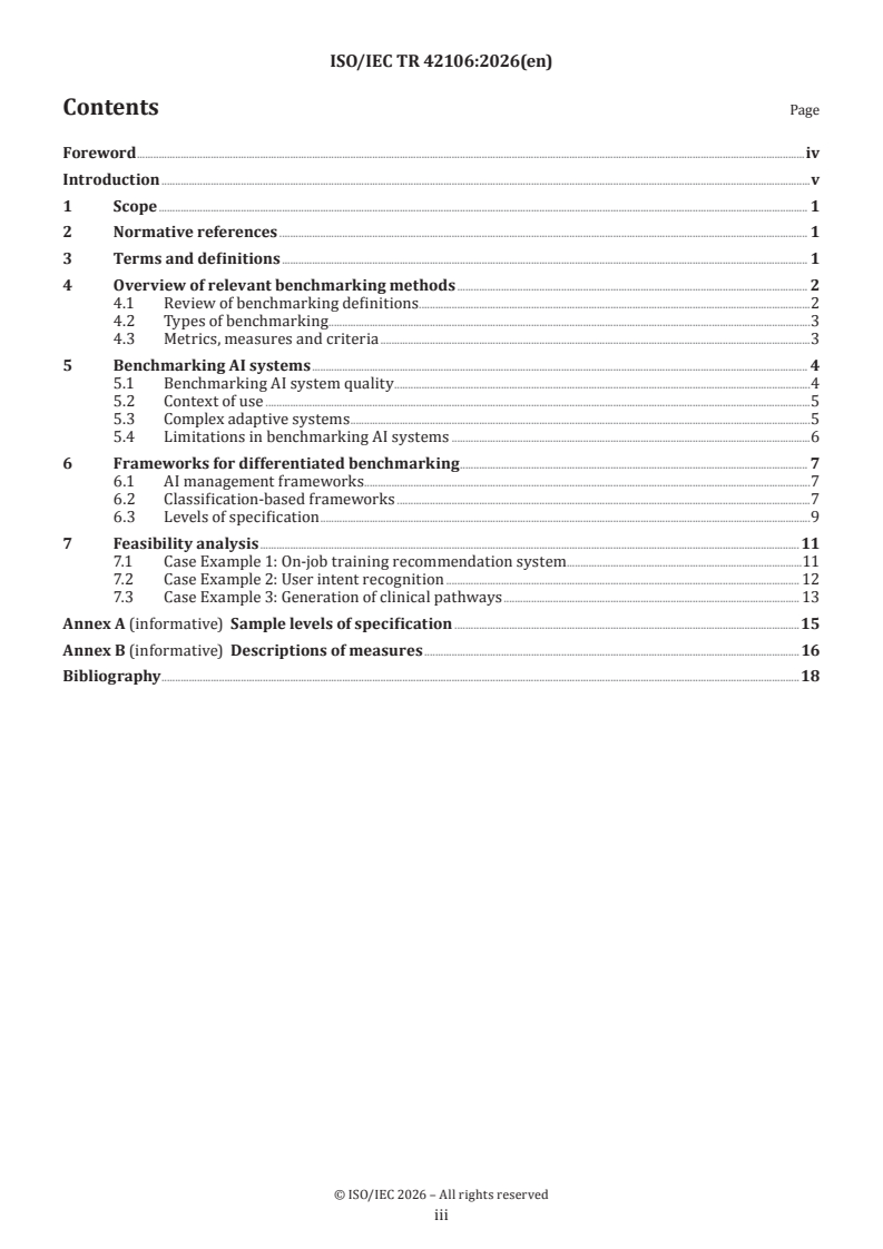 ISO/IEC TR 42106:2026 ISO/IEC TR 42106:2026 - Information technology — Artificial intelligence (AI) — Overview of differentiated benchmarking of AI system quality characteristics - Page 3 preview