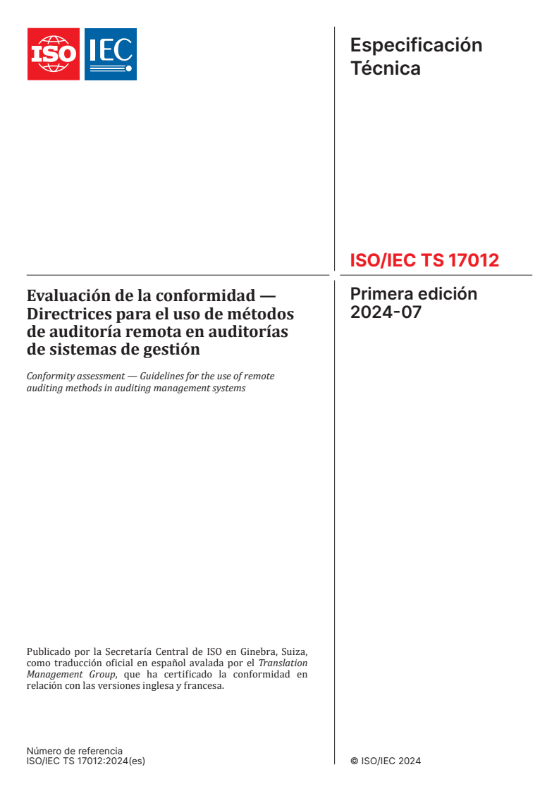 ISO/IEC TS 17012:2024 - Conformity assessment — Guidelines for the use of remote auditing methods in auditing management systems
Released:19. 05. 2025