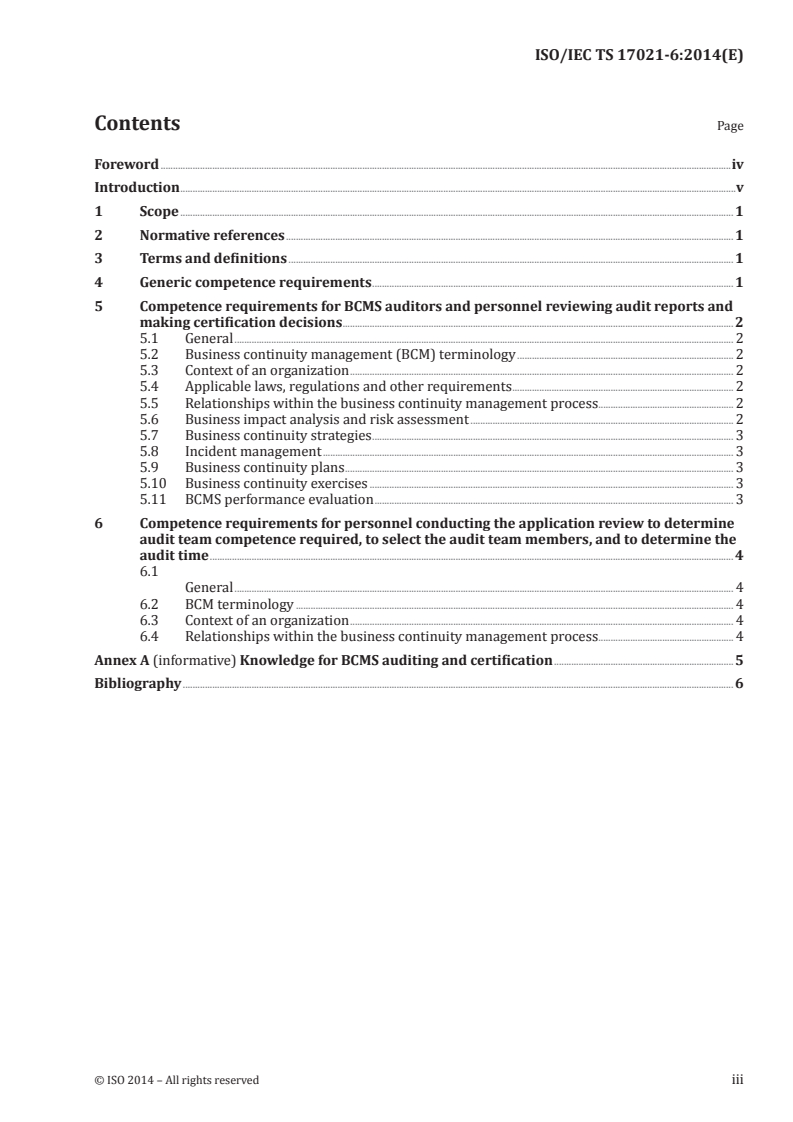 ISO/IEC TS 17021-6:2014 ISO/IEC TS 17021-6:2014 - Conformity assessment — Requirements for bodies providing audit and certification of management systems — Part 6: Competence requirements for auditing and certification of business continuity management systems/27/2014 - Page 3 preview