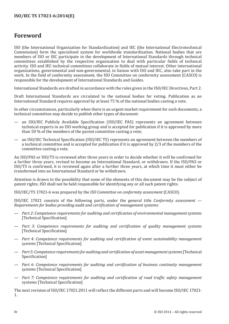 ISO/IEC TS 17021-6:2014 ISO/IEC TS 17021-6:2014 - Conformity assessment — Requirements for bodies providing audit and certification of management systems — Part 6: Competence requirements for auditing and certification of business continuity management systems/27/2014 - Page 4 preview