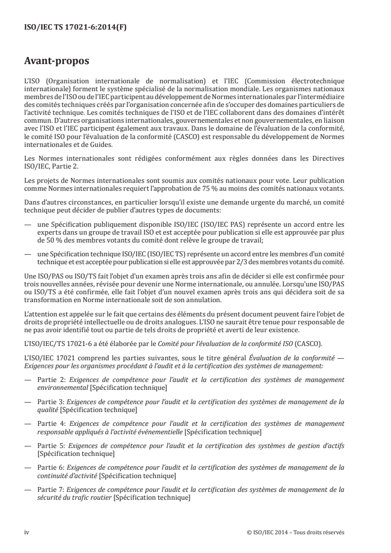 ISO/IEC TS 17021-6:2014 ISO/IEC TS 17021-6:2014 - Évaluation de la conformité — Exigences pour les organismes procédant à l'audit et à la certification des systèmes de management — Partie 6: Exigences de compétence pour l'audit et la certification des systèmes de management de la continuité d'activité/6/2015 - Page 4 preview