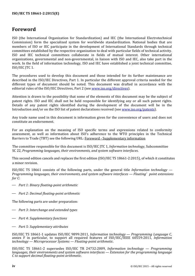 ISO/IEC TS 18661-2:2015 ISO/IEC TS 18661-2:2015 - Information Technology — Programming languages, their environments, and system software interfaces — Floating-point extensions for C — Part 2: Decimal floating-point arithmetic/18/2015 - Page 4 preview